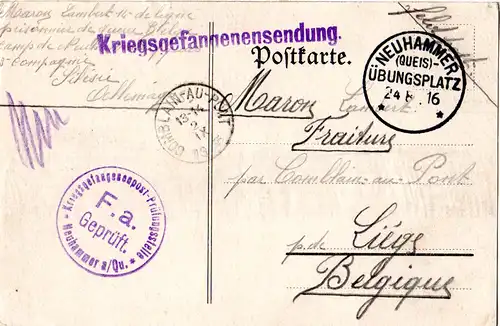 DR 1916, KGF POW Zensur Karte v. NEUHAMMER (Queis) ÜBUNGSPLATZ n. Belgien