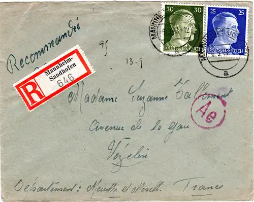 DR 1943, 25+30 Pf. auf Reko Zensur Brief v. Mannheim-Sandhofen n. Frankreich
