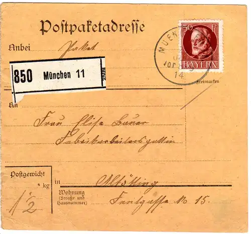 Bayern 1914, EF 50 Pf. Friedensdruck auf Paketkarte v. München 11 n. Altötting