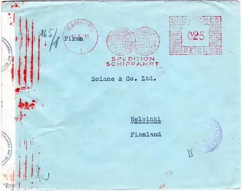 DR 1941, 25 Pf. Absender Freistempel auf Zensur Brief v. Hamburg n. Finnland