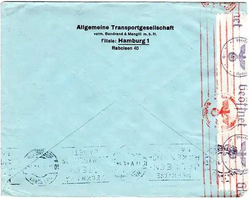 DR 1941, 25 Pf. Absender Freistempel auf Zensur Brief v. Hamburg n. Finnland