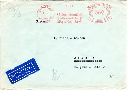 DR 1940, 60 Pf. Absender Freistempel auf Zensur Brief v. DREIWERDEN n. Norwegen