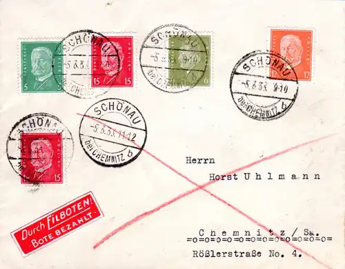 DR 1933, 5 Marken auf Eilboten Brief v. SCHÖNAU b. Chemnitz b. 