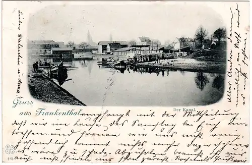 Gruss aus Frankenthal m. Kanal, Booten u. Gebäuden, 1898 gebr. sw-AK