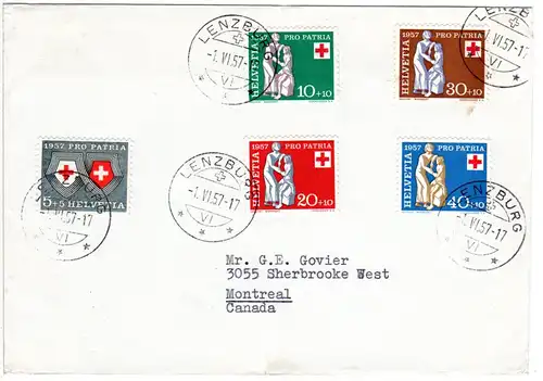 Schweiz, Pro Patria 1957 auf FDC v. Bern n.Kanada