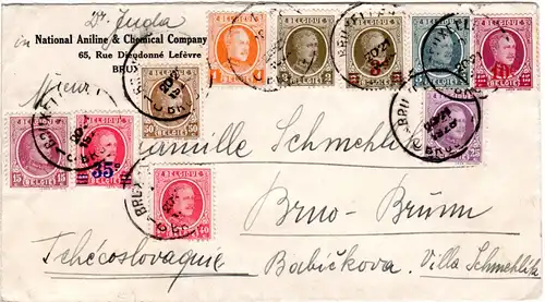 Belgien 1928, Massenfrankatur v. 10 Marken auf Brief i.d. Tschechoslowakei