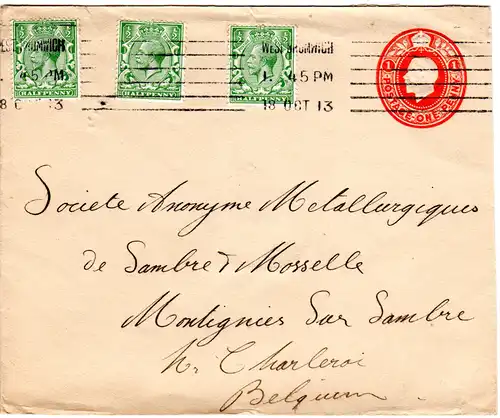GB 1913, 3x1/2d on 1d stationery envelope from West Bromwich to Belgium
