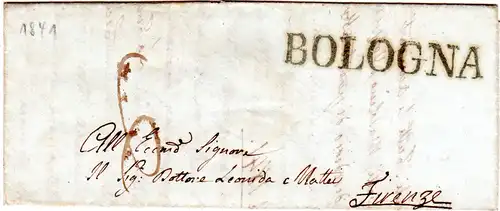 Italien Kirchenstaat 1841, L1 BOLOGNA klar auf Porto Brief i.d. Toscana