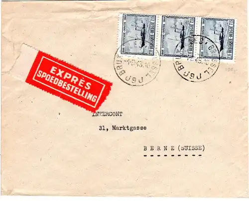 Belgien 1946, MeF 3x3,15 F. auf Express Brief v. Brüssel i.d. Schweiz