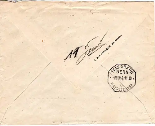 Belgien 1946, MeF 3x3,15 F. auf Express Brief v. Brüssel i.d. Schweiz