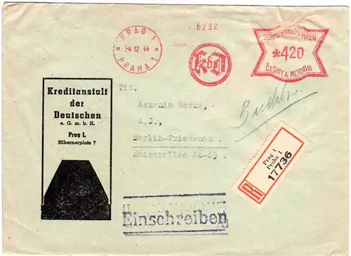 Böhmen u. Mähren 1944, KdD Bank Maschinen Freistpl. auf Reko Brief v. Prag