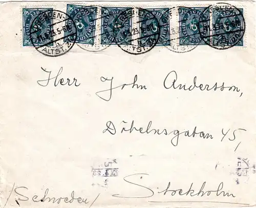 DR 1923, MeF 6x50 Mk. auf Brief v. Dresden nach Schweden.