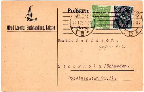 DR 1923, 40+50 Pf. m. perfin Firmenlochung auf Karte v. Leipzig
