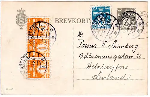 Dänemark 1918, 4+3x1 öre Zusatzfr. auf 3 Öre Ganzsache v. Slagelse n. Finnland