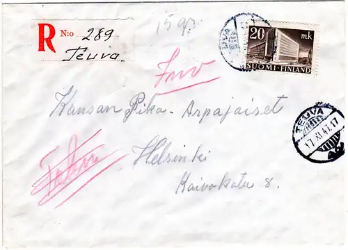 Finnland 1947, TEUVA, handschriftlicher Reko Zettel auf Brief m. EF 20 M.