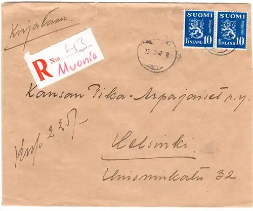 Finnland 1947, MUONIO, handschriftlicher Reko Zettel auf Brief m. Paar 10 M.
