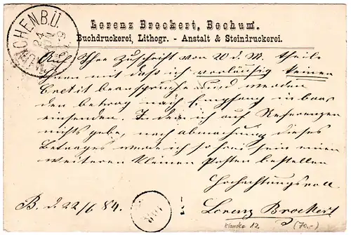 DR 1884, Klaucke Nr.12 BOCHUM e klar auf Karte m. 5 Pf. 