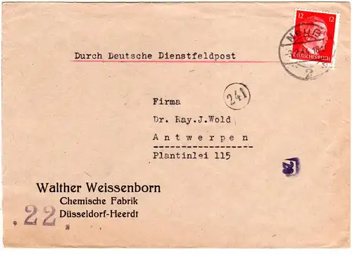 DR 1944, 12 Pf. auf Auslands Brief v. Neuß n. Belgien. Europaporto!