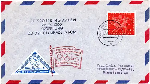 BRD 1960, Olympiade Postsegelflug Brief Elchingen-Hahnenweide