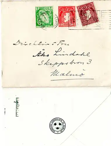 Irland 1938, 1/2+1+1 1/2 P. auf Konsulats Brief v. Dublin n. Schweden