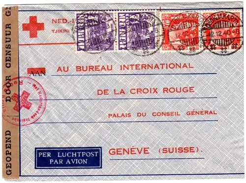 NL Indien 1940, Rotes Kreuz Vordruck Umschlag m. 4 Marken per Luftpost i.d. CH.