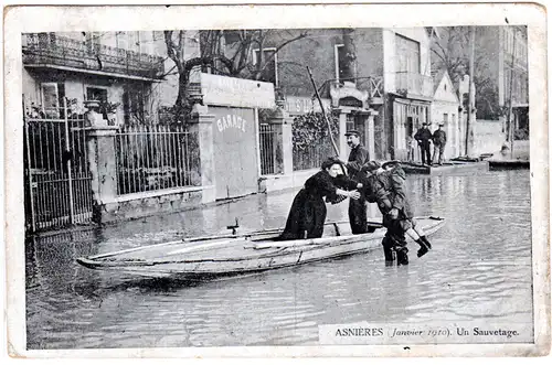 Frankreich, Asnières 1910, Hochwasser m. Personen, sw-AK
