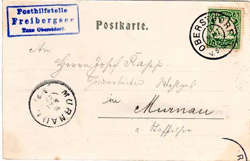 Bayern 1903, Posthilfstelle FREIBERGSEE Taxe Oberstdorf auf entspr. AK m. 5 Pf.