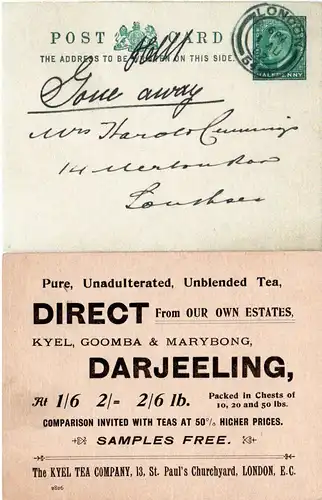 GB 1902, Darjeeeling, Kyel Tea Company stationery card used in London 
