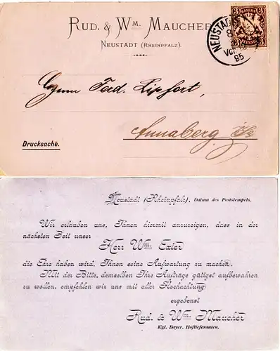 Bayern 1895, 3 Pf. auf Firmen Drucksachen-Karte v. NEUSTADT a. Hdt.