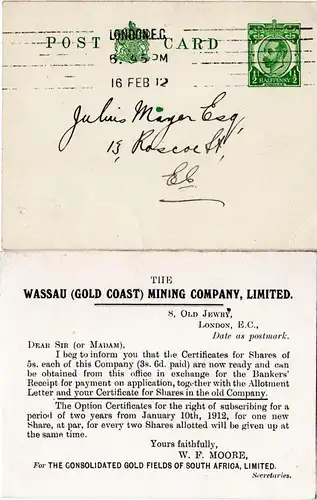 GB 1912, 1/2d Ganzsache m. rücks. Zudruck Wassau Gold Coast Mining Company