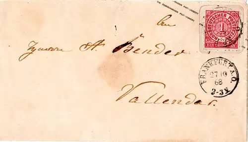 NDP 1868, 1 Gr./1 SGr. Ganzsache Brief m. K1 FRANKFURT A.O.