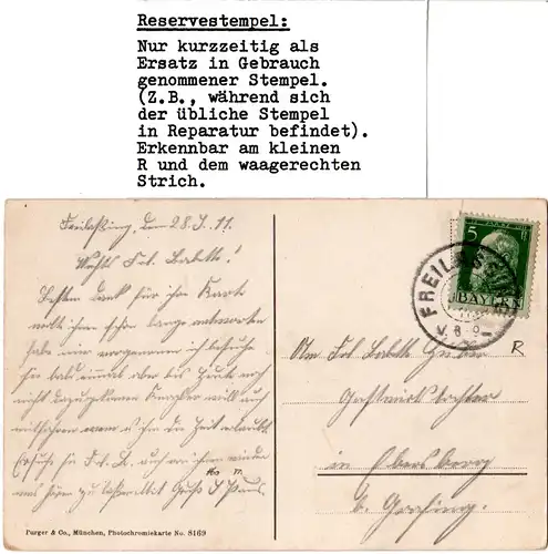 Bayern 1911, Reservestempel FREILASSING R auf Karte m. 5 Pf. 