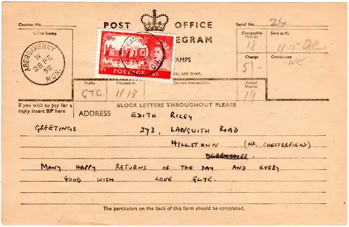 GB 1958, EF 5 Sh. auf Telegramm Formular v. ABERGAVENNY.