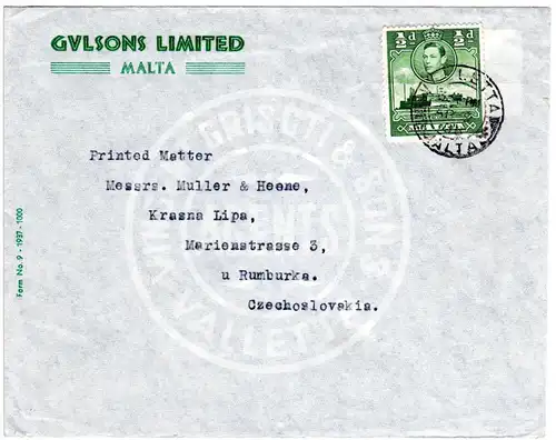 Malta 1938, 1/2d auf Firmen Umschlag Gulsons v. Valetta i.d. Tschechoslowakei