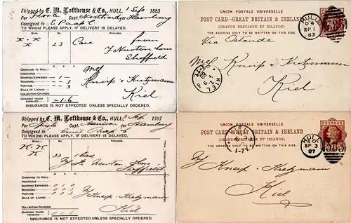 GB 1883/87, 2 Ganzsachen v. Hull m. rs. Zudruck C.M. Lofthouse m. Schiffsnamen