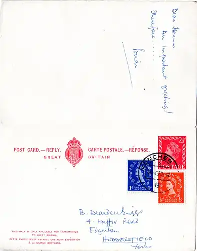 GB, 2 1/2d Doppelkarte m. Zusatzfr., beide Teile zus.hängend gebr. GB-BRD-GB