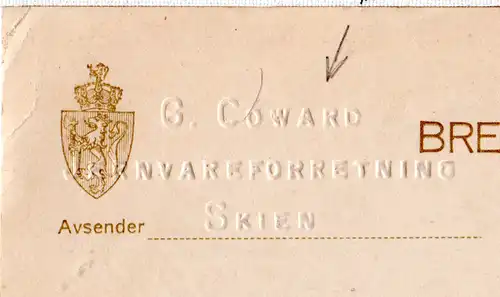 Norwegen 1935, 15 öre Ganzsache v. Skien n. Schweden m. Firmenprägung G. Coward
