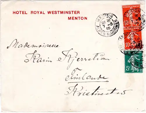 Frankreich 1910, Paar 10+5 C. auf Hotel Brief v. MENTON n. Finnland