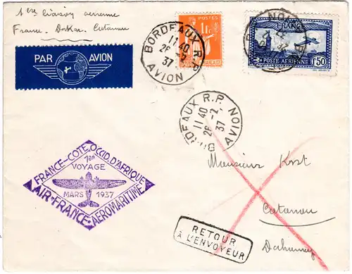 Frankreich 1937, Erstflug Brief Frankreich-Dahomey. Bordeaux-Dakar-Cotonou.