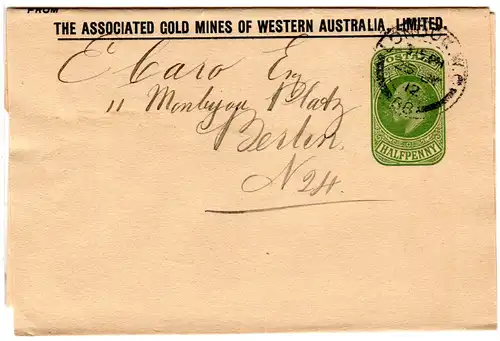 GB 1912, 1/2d Streifband Ganzsache v. London m. Zudruck Gold Mines