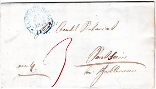 Württemberg 1849, blauer Steigbügelstpl. LUDWIGSBURG auf sauberem Porto Brief 