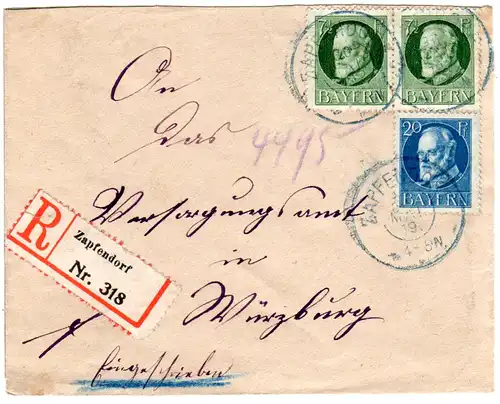 Bayern 1919, 2x7 1/2+20 Pf. auf Einschreiben Brief v. ZAPFENDORF n. Würzburg