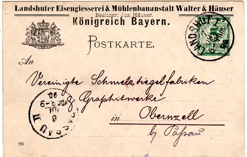 Bayern 1890, 5 Pf. Ganzsache m. Zudruck Landshut Eisengiesserei Walter&Häuser