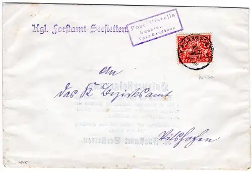 Bayern 1915, Posthilfstelle Seestetten Taxe Sandbach auf Dienst Brief m. 15 Pf.