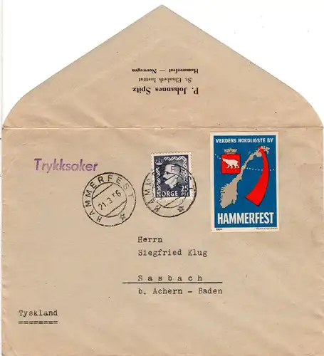 Norwegen 1956, 25 öre auf Drucksache Brief v. Hammerfest m. Polar Vignette