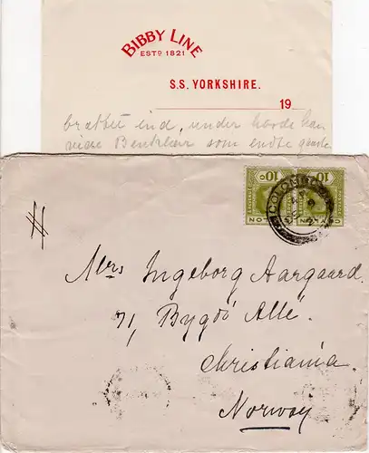 Ceylon 1921, Paar 10 C auf Brief n. Norwegen m. Inhalt BOBBY LINE S.S. YORKSHIRE