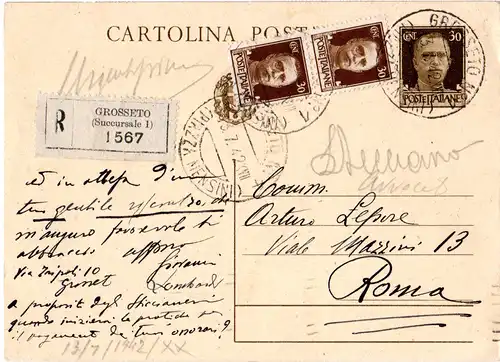 Italien 1942, Paar 30 C. Zusatzfr. auf eingeschr. 30 c. Ganzsache v. GROSSETO