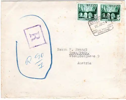 Spanien 1954, MeF Paar 5 P. Eisenbahn auf Einschreiben Brief n. Österreich