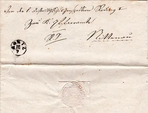 Bayern, Fingerhut Stpl. ROETZ auf Brief v. Roding n. Nittenau