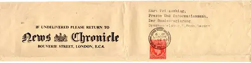 GB 1952, 1d Streifband Ganzsache v. London n. Bonn m. News Chronical Zudruck